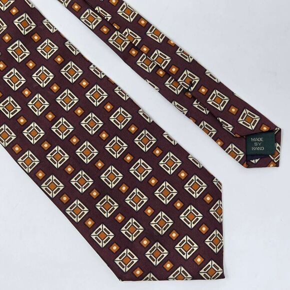 J CREW HAND MADE SILK TIE BURGUNDY CREAM ORANGE GEOMETRIC SQUARES 3.75" X 55" - Picture 1 of 3